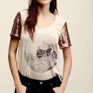 Free People Motorcycle Tee Bronze Sequin Sleeves